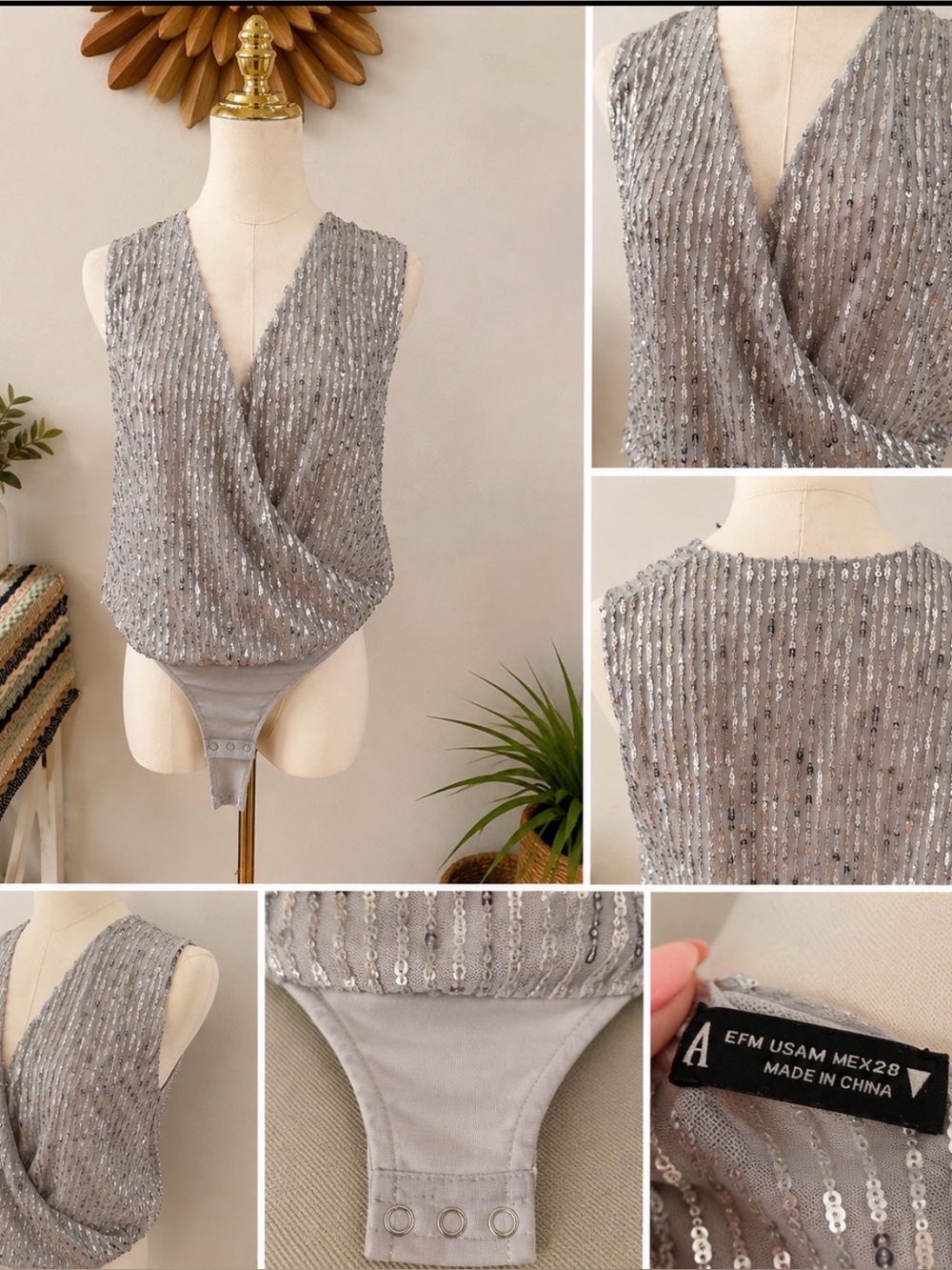 Silver Sequin Zara Surplice Bodysuit | Size M | Glam Party & Holiday Top